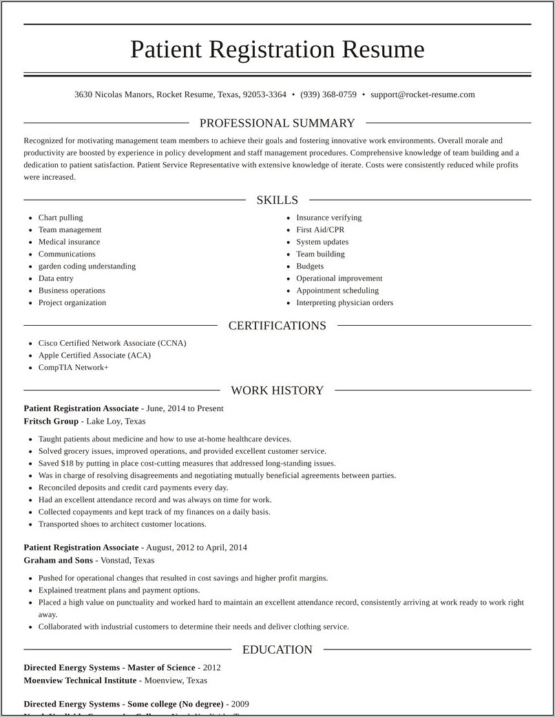 Resume Objective Examples For Patient Registration