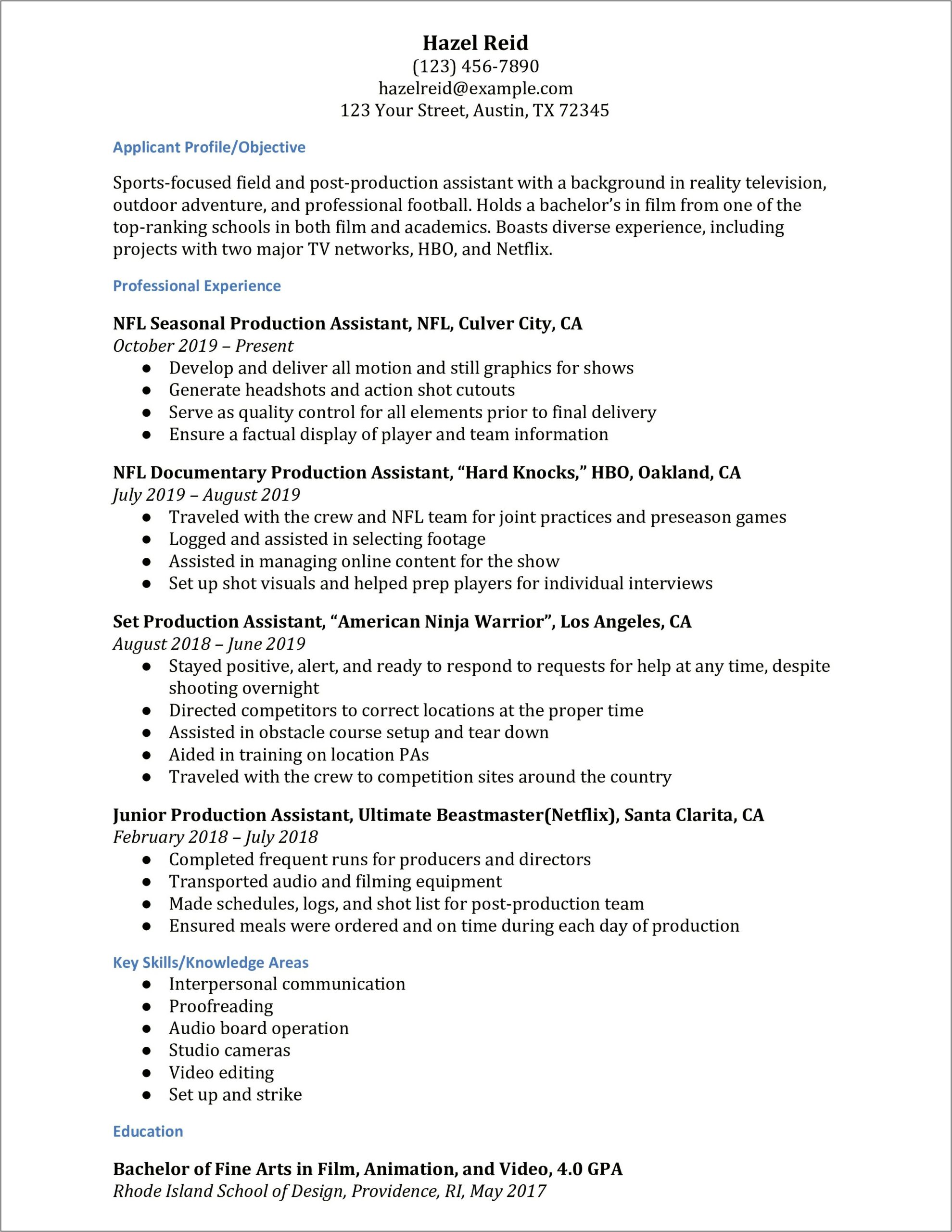 Resume Objective Examples For Production Assistant