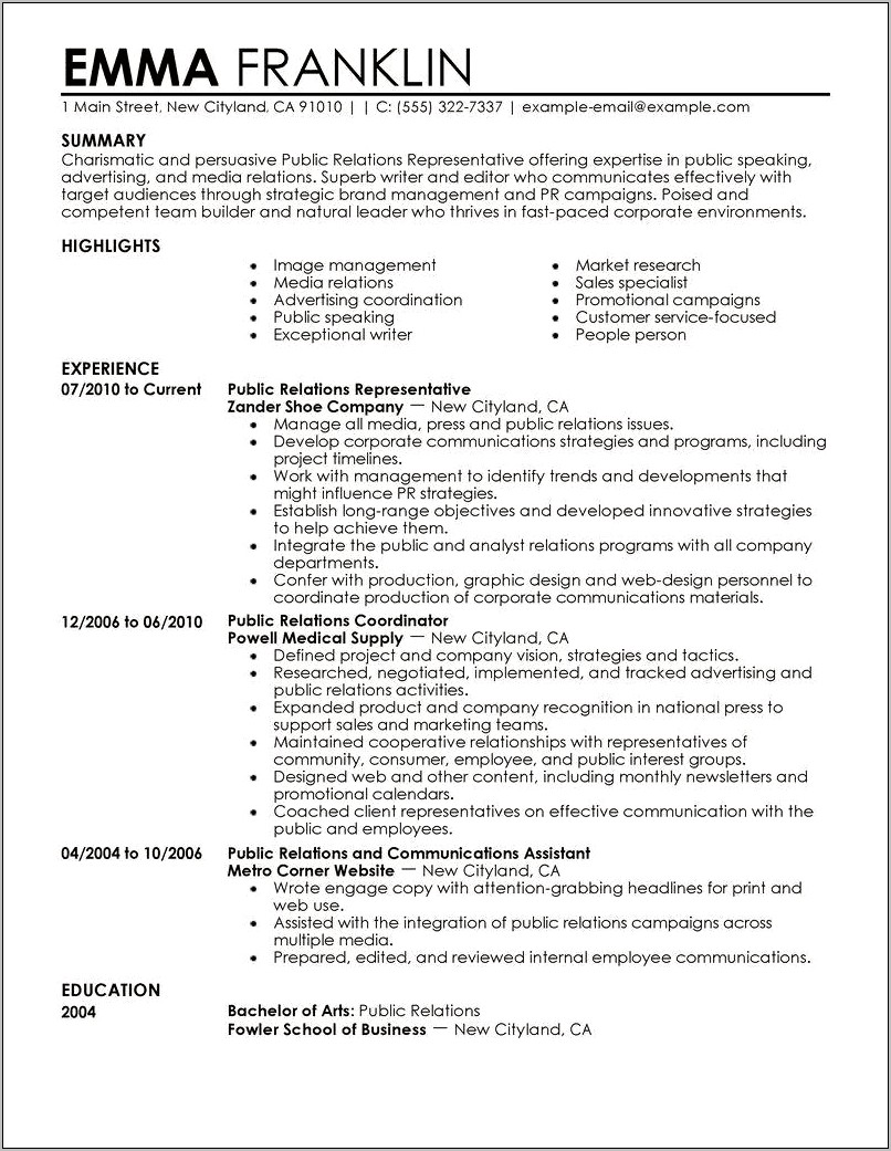 Resume Objective Examples For Public Relations