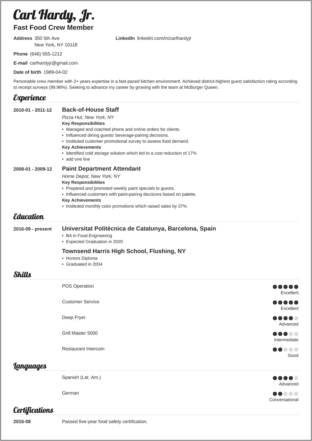 Resume Objective Examples For Retail Or Fast Food