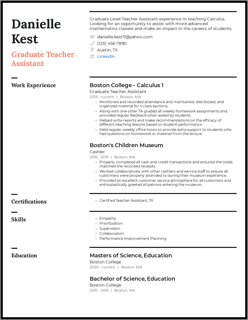 Resume Objective Examples For Teacher Assistants
