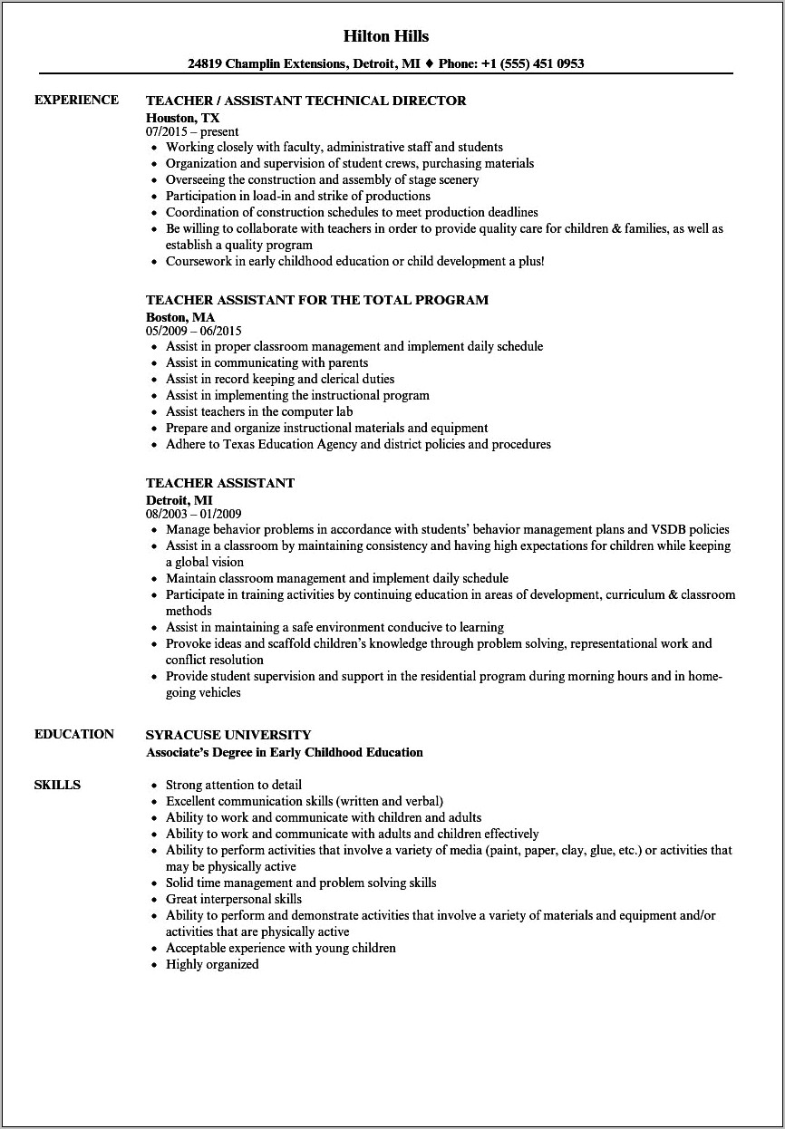 Resume Objective Examples For Teachers Assistant