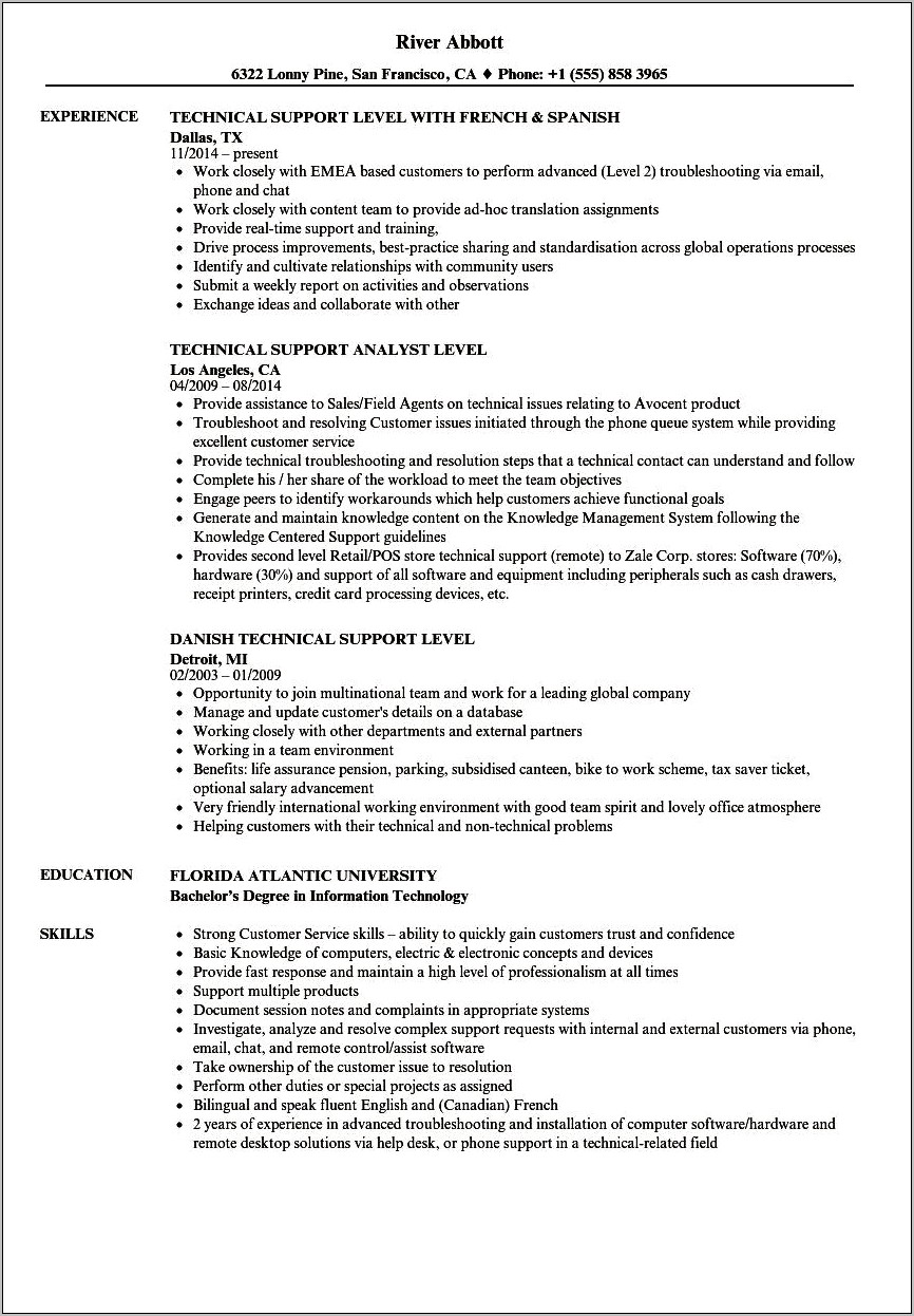 Resume Objective Examples For Technical Support