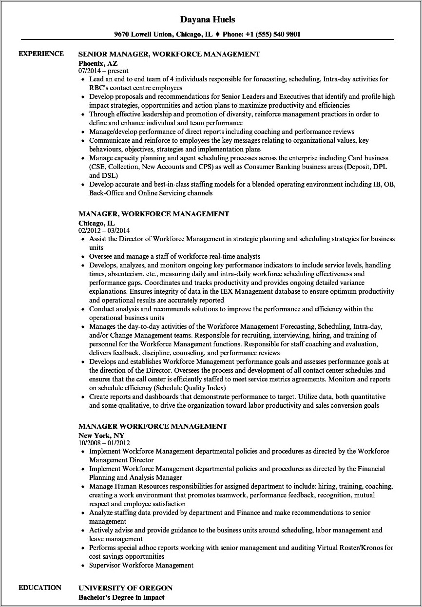 Resume Objective Examples For Workforce Management