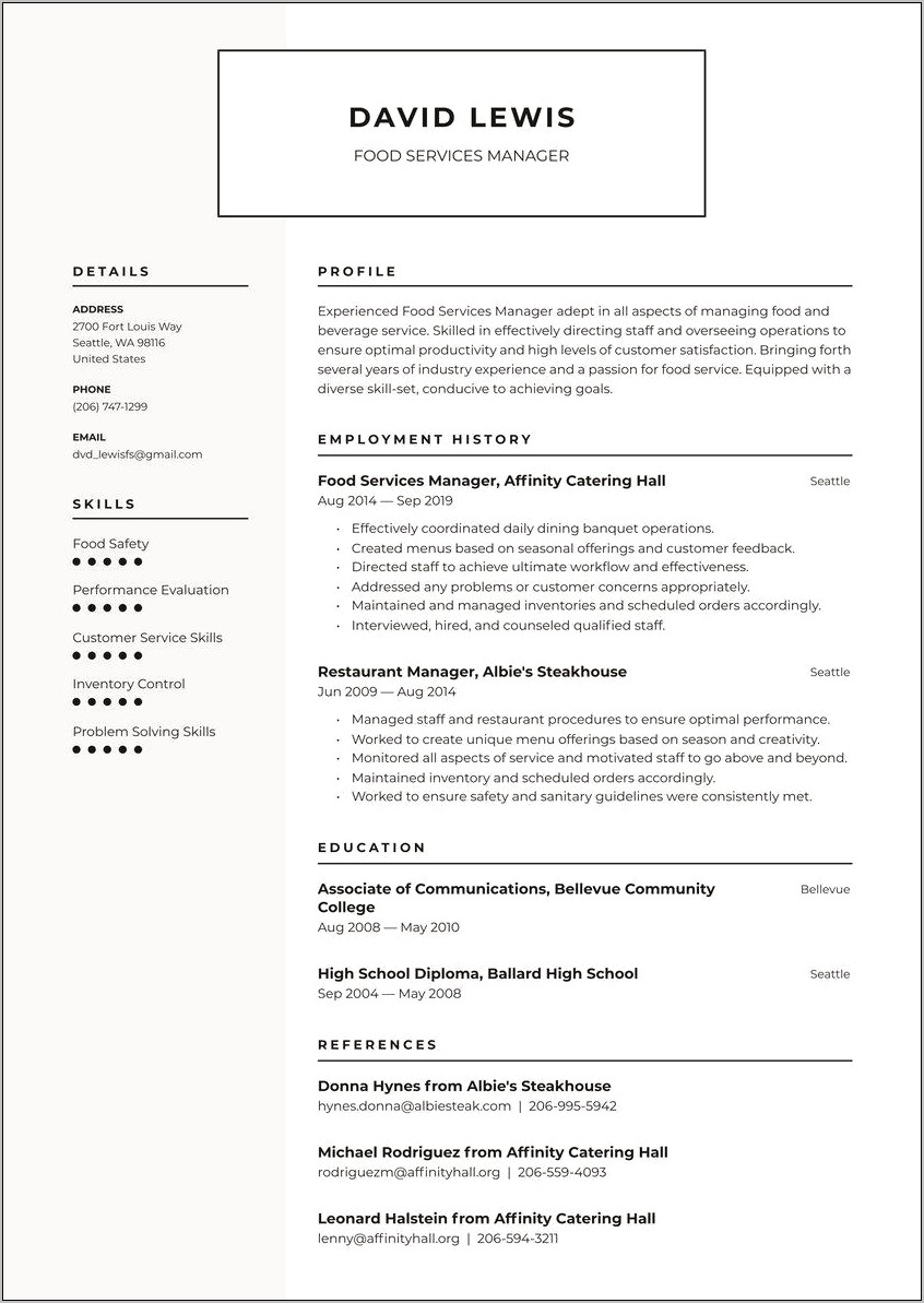 Resume Objective Food And Beverage Service
