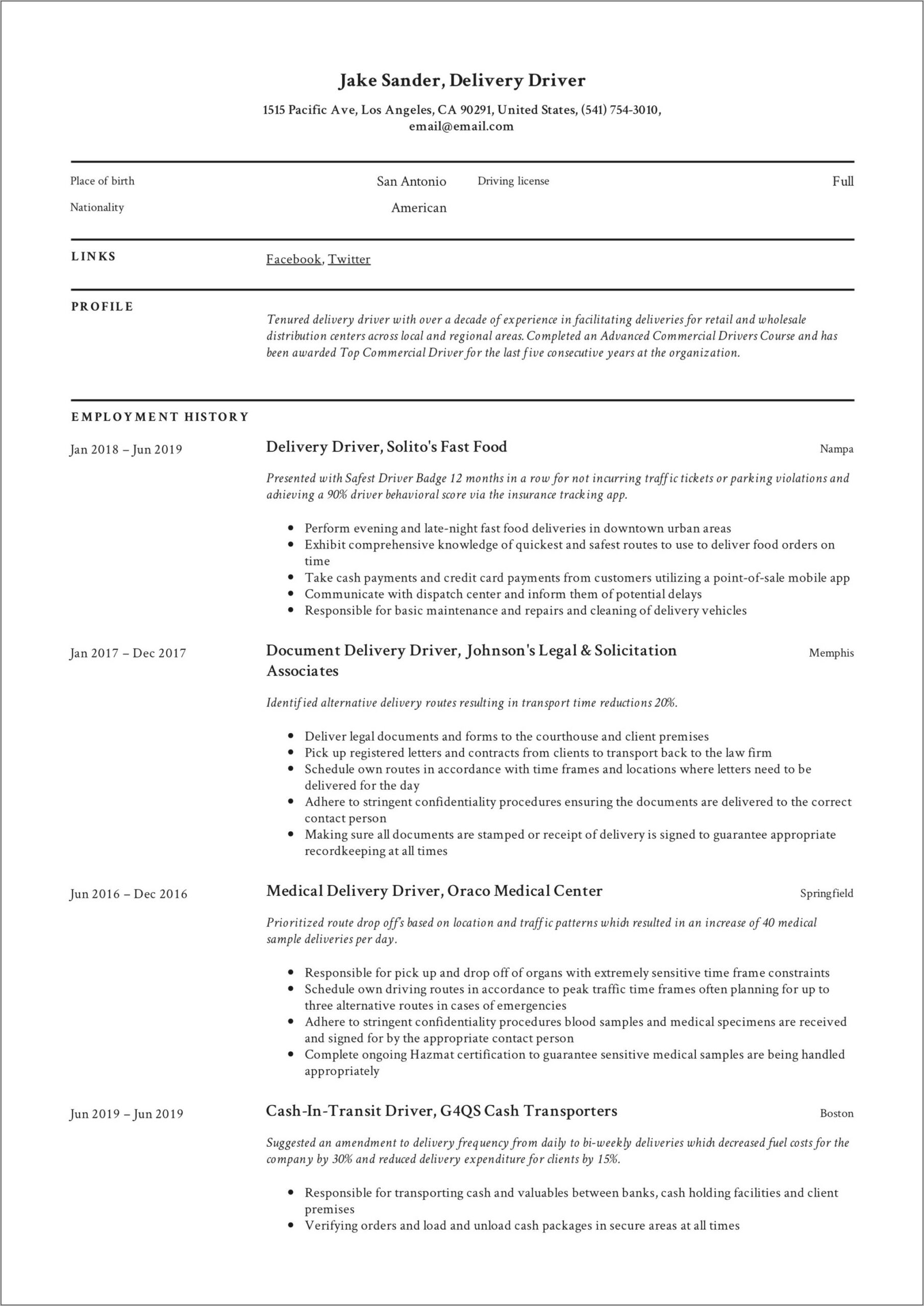 Resume Objective For A Delivery Driver