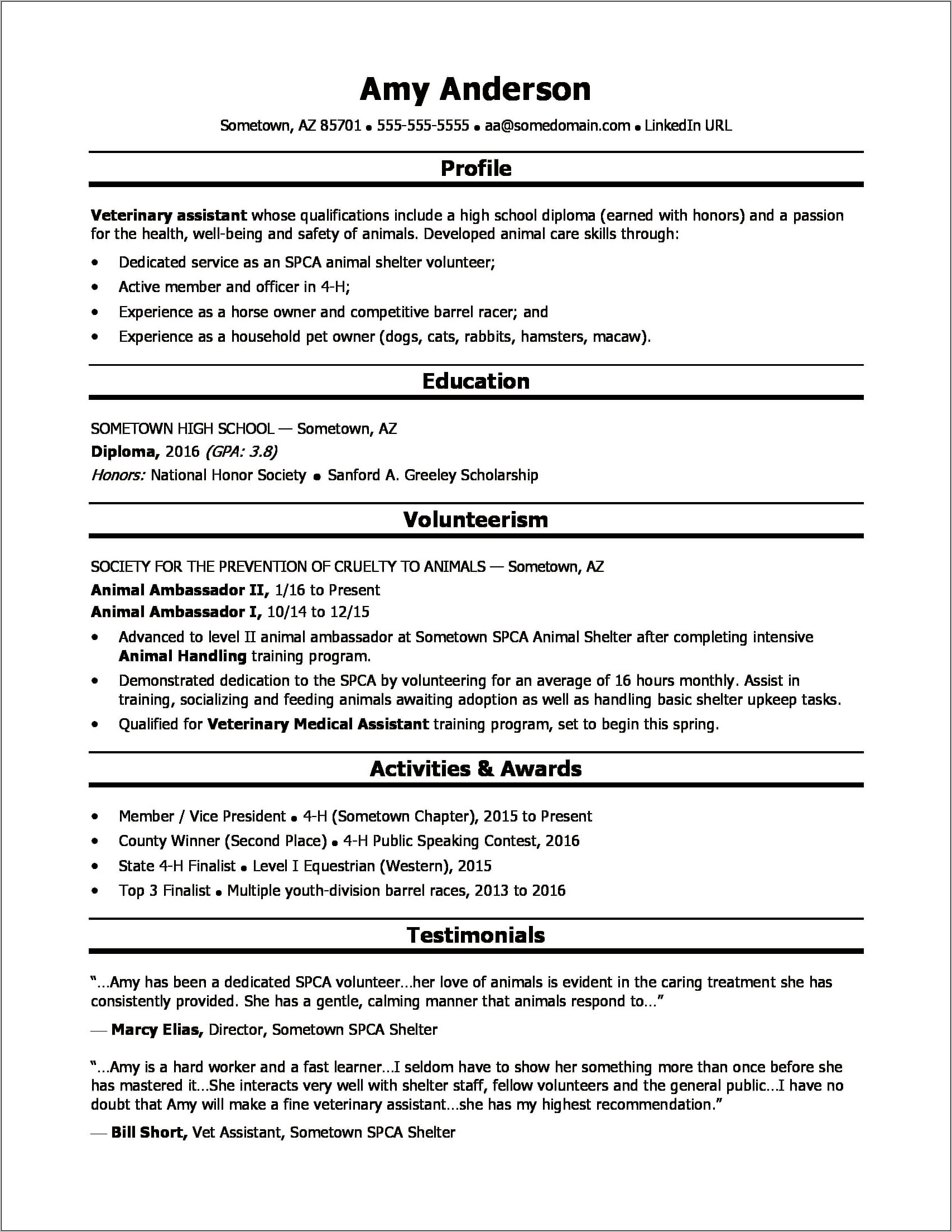 Resume Objective For A Highschool Student