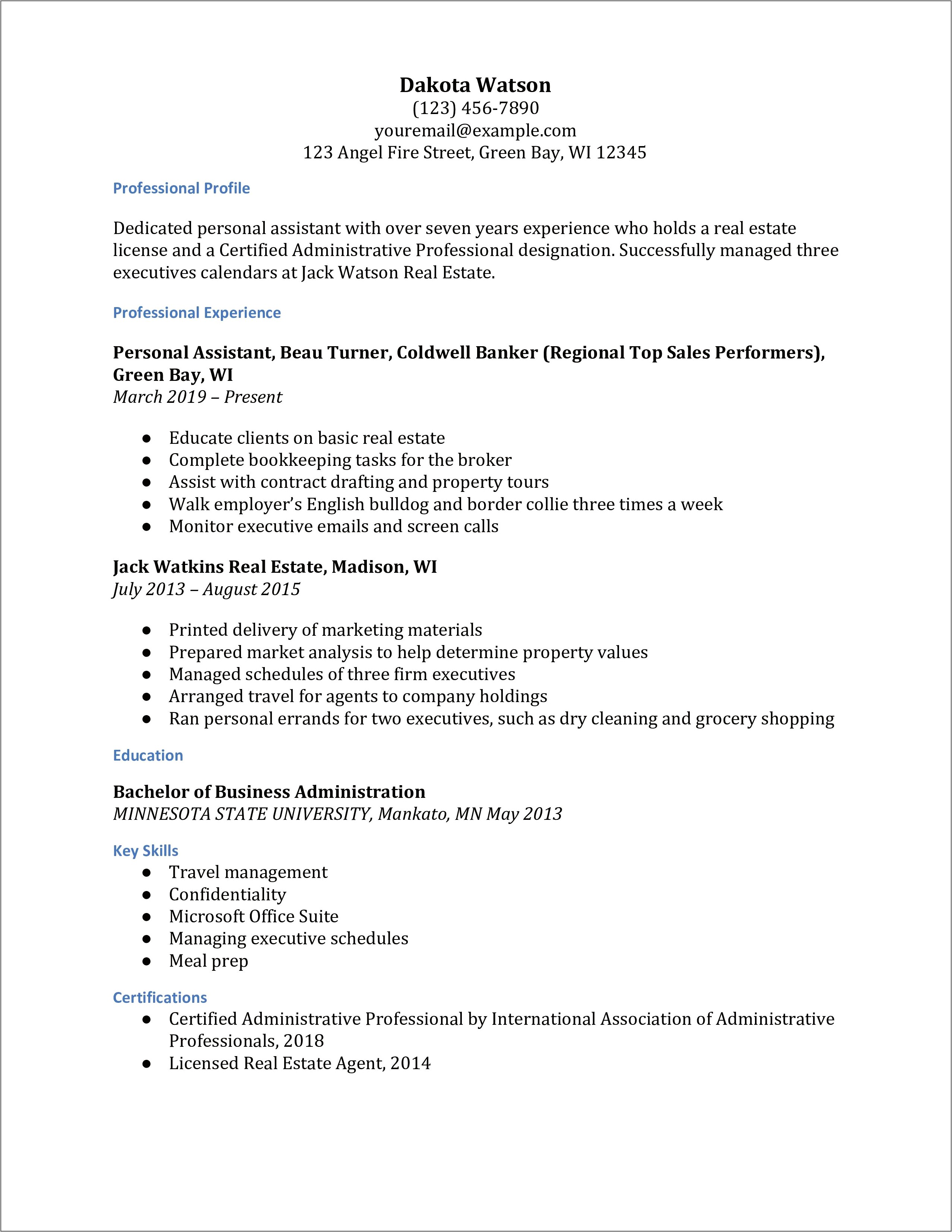 Resume Objective For A Housekeeping And Personal Assistant