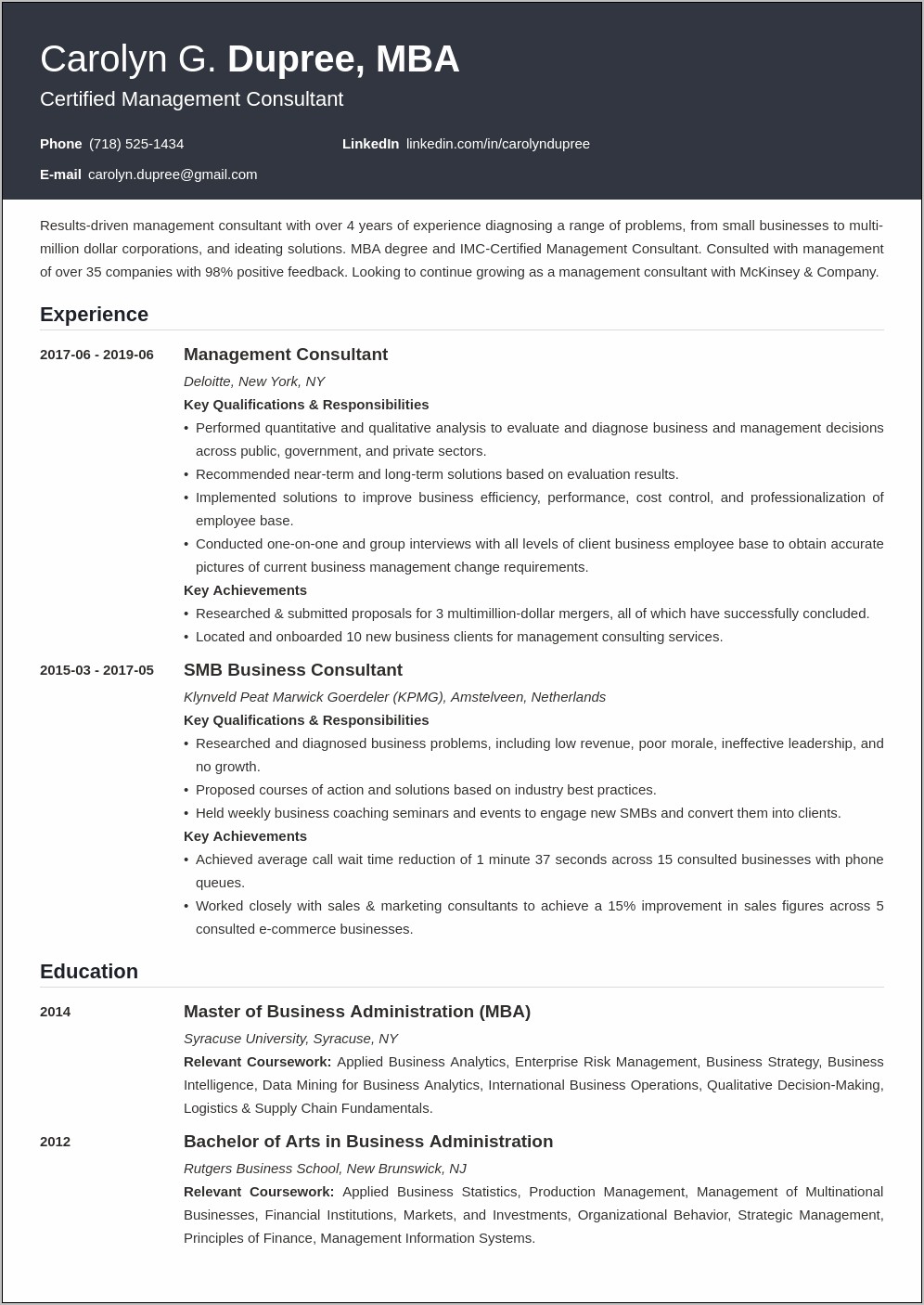 Resume Objective For A Managment Consultant
