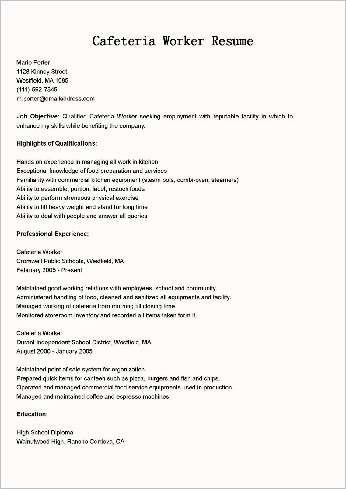Resume Objective For A School Cafeteria Worker