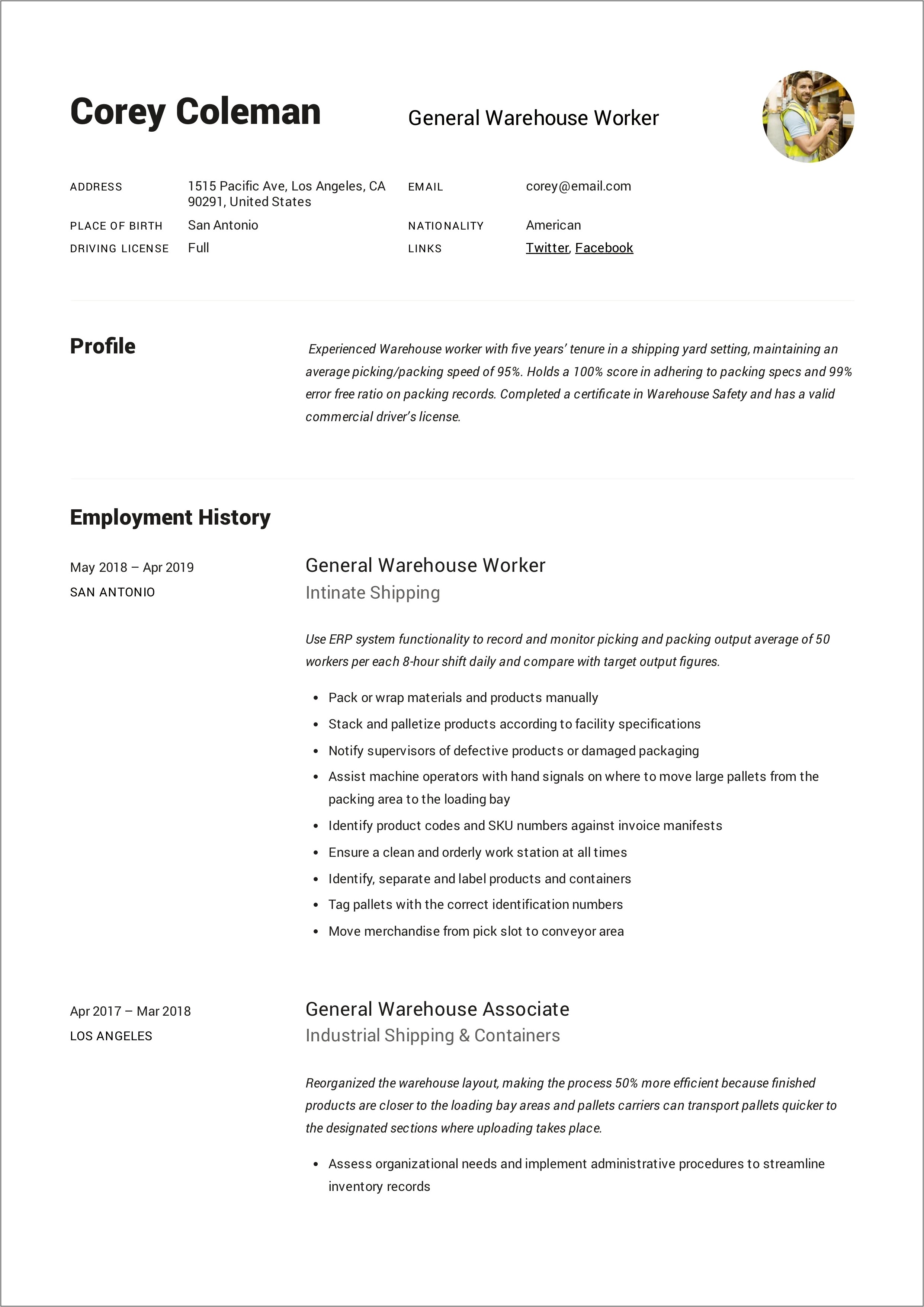 Resume Objective For A Warehouse Position
