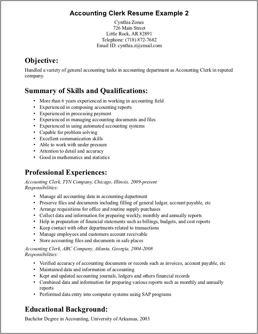 Resume Objective For Accounting Clerk Samples