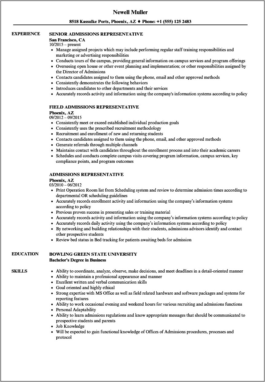 Resume Objective For Admissions Coordinator
