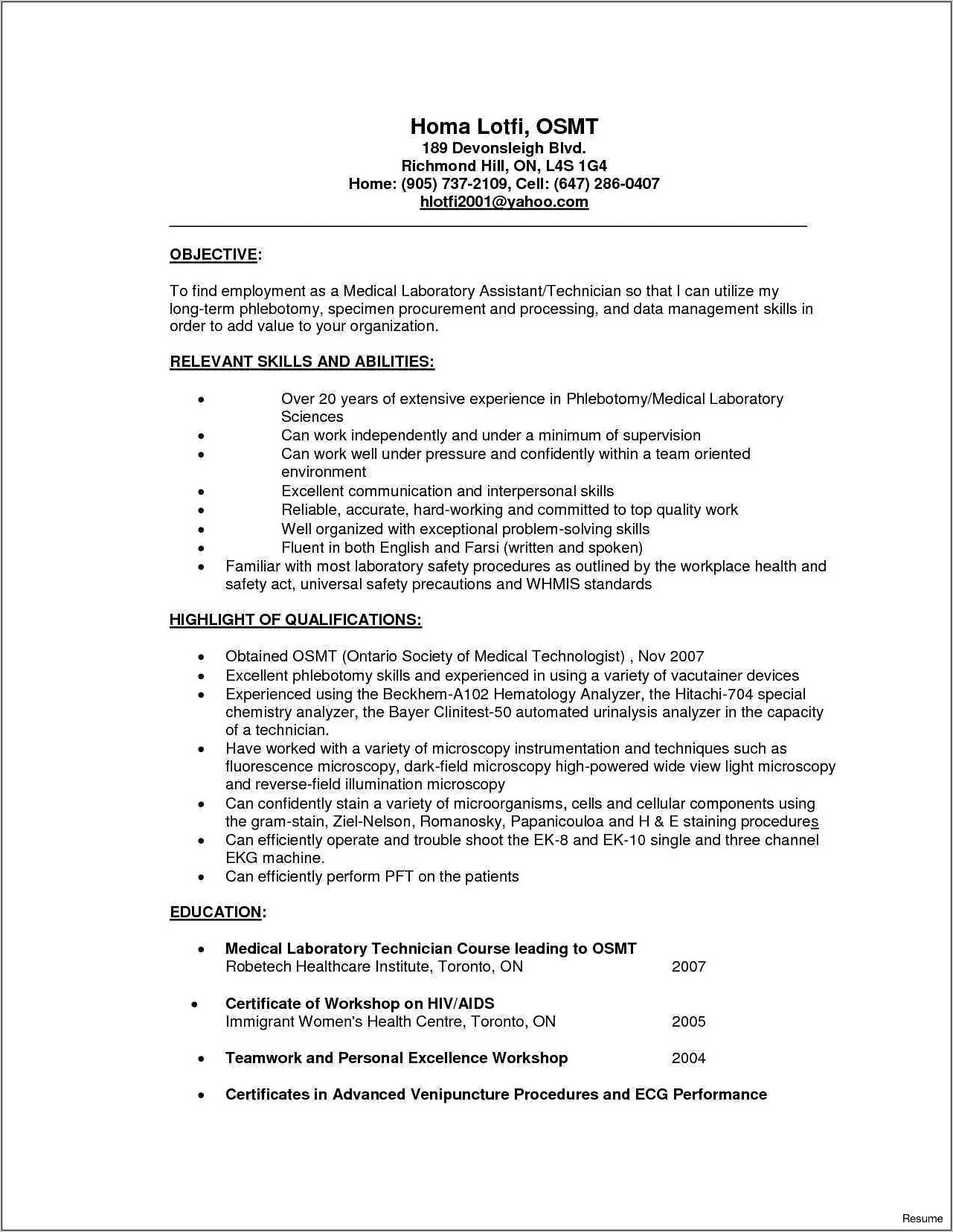 Resume Objective For Applying To Lab