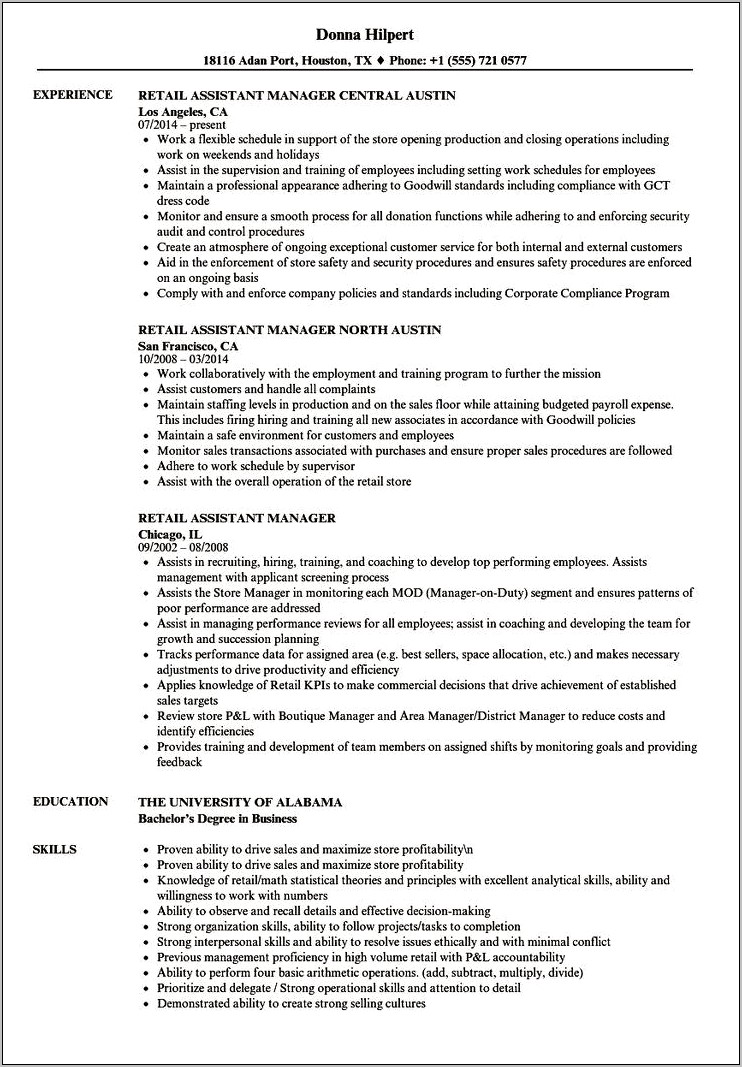 Resume Objective For Assistant Manager Retail