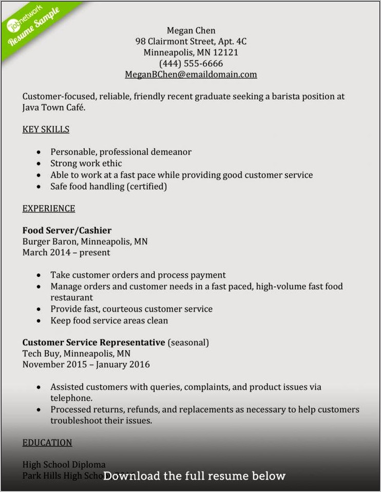 Resume Objective For Barista With No Experience