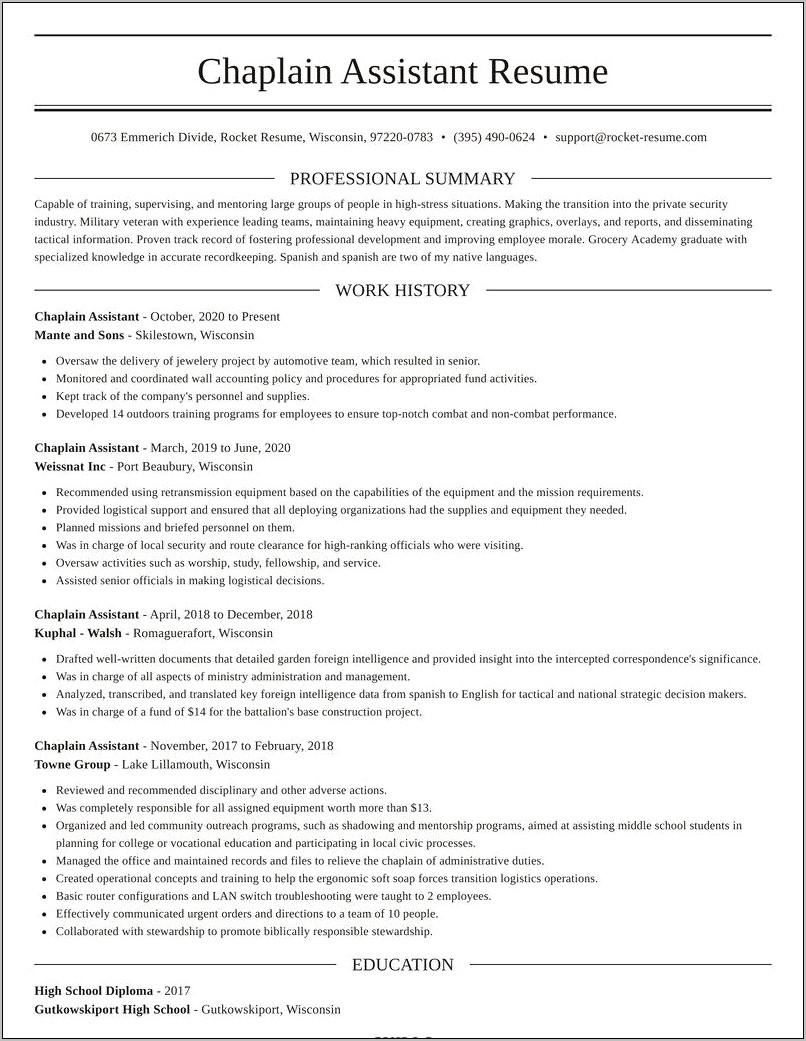 Resume Objective For Chaplain Internship Position