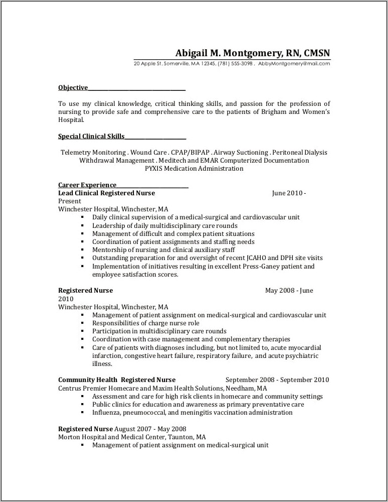 Resume Objective For Charge Nurse Position