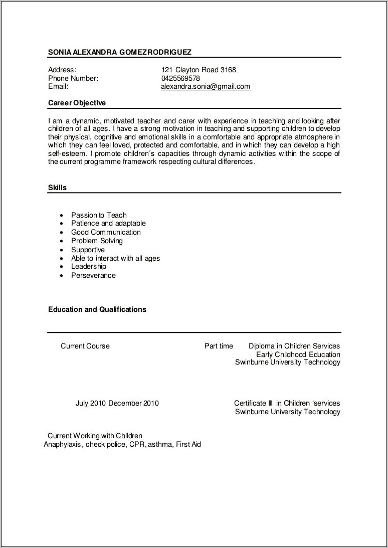 Resume Objective For Child Care Provider