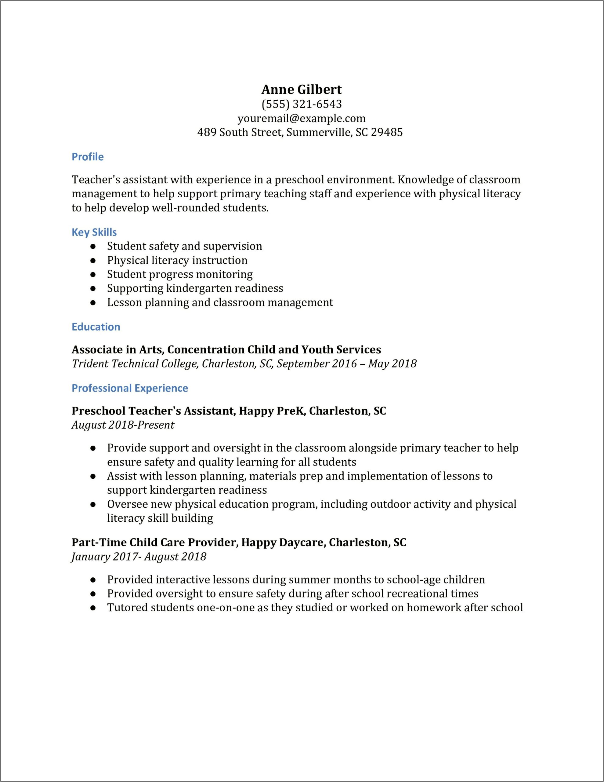 Resume Objective For Child Care Teacher