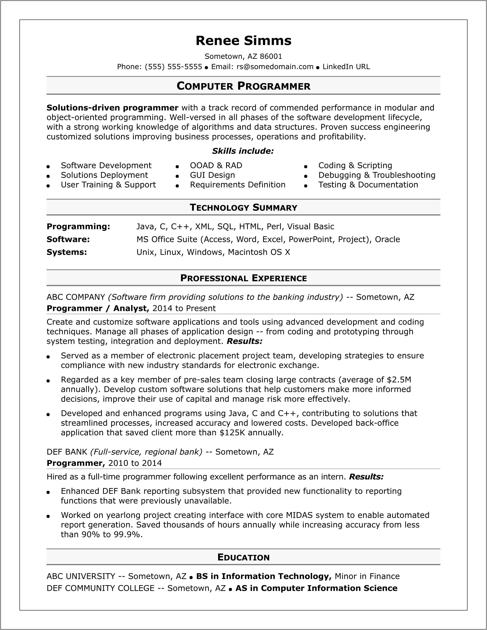 Resume Objective For Computer Programmer