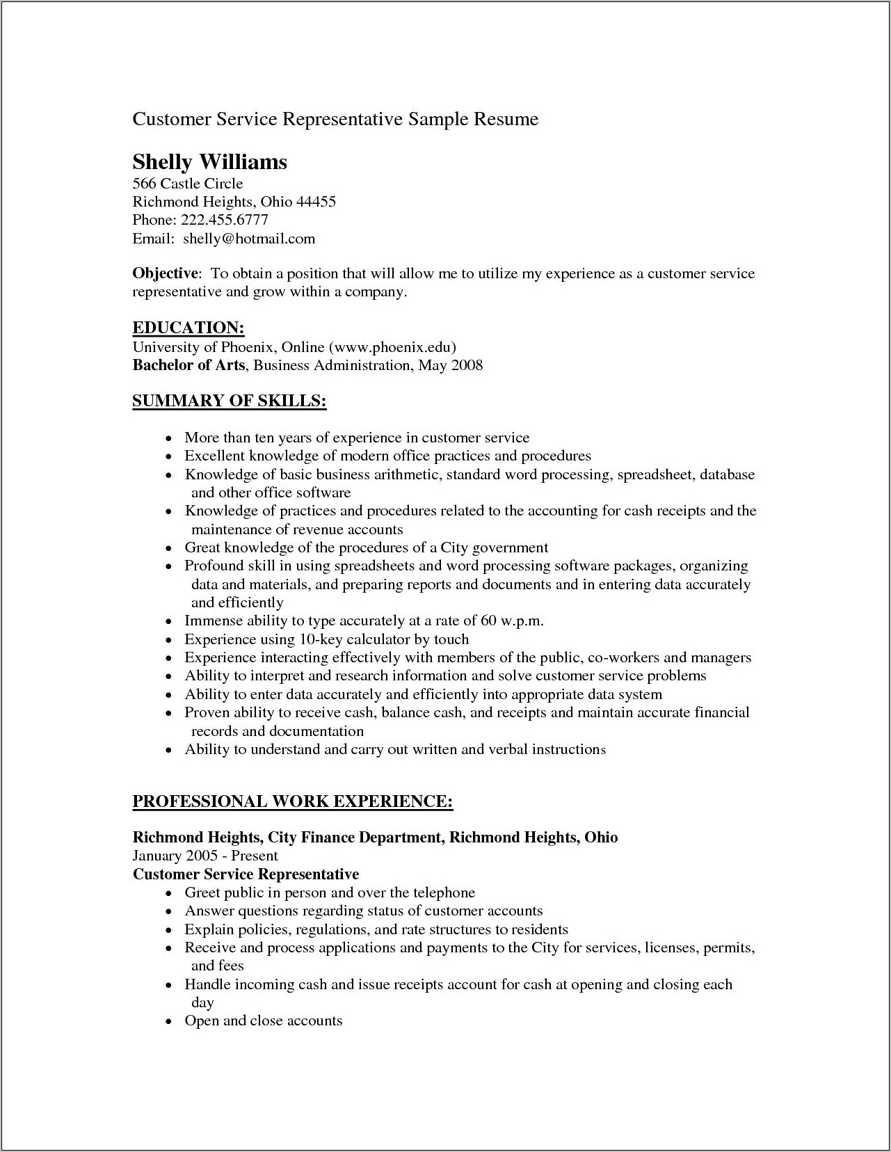 Resume Objective For Custtomer Service Rep