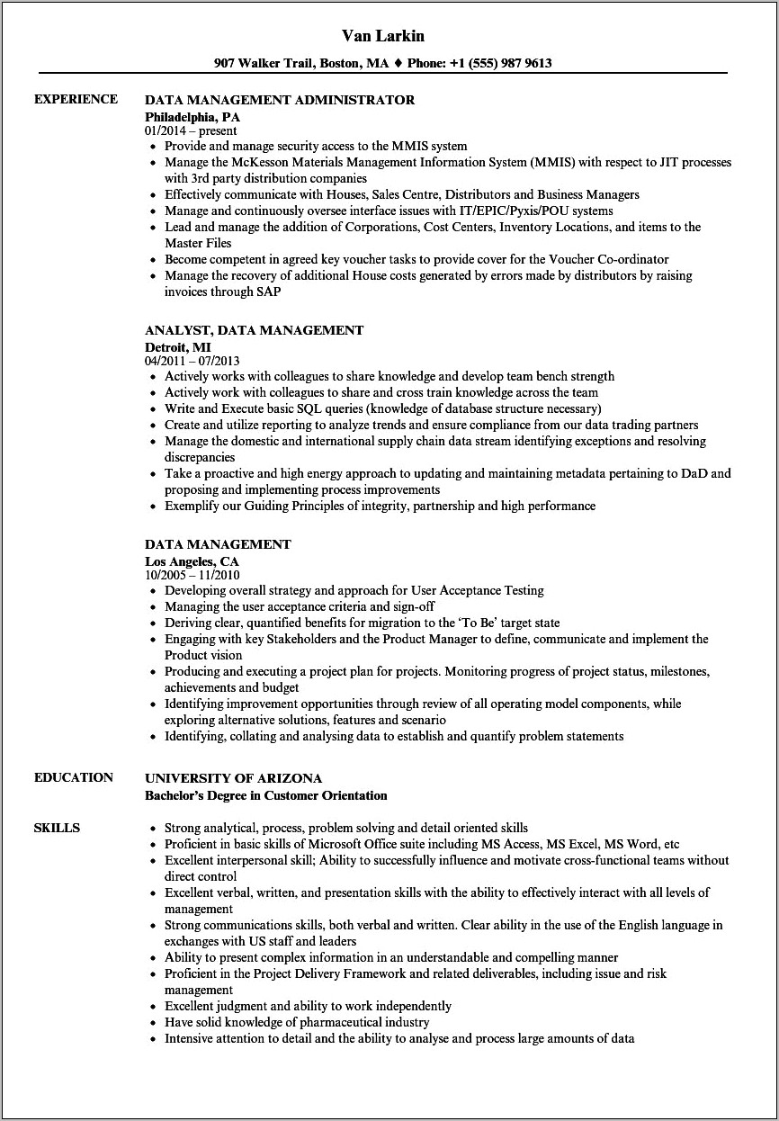 Resume Objective For Data Management Specialist