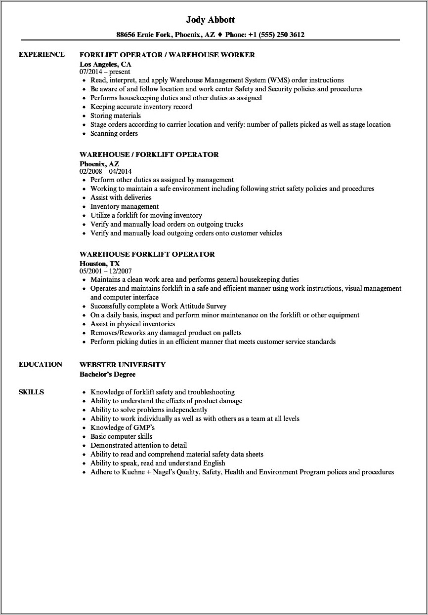 Resume Objective For Dock Worker