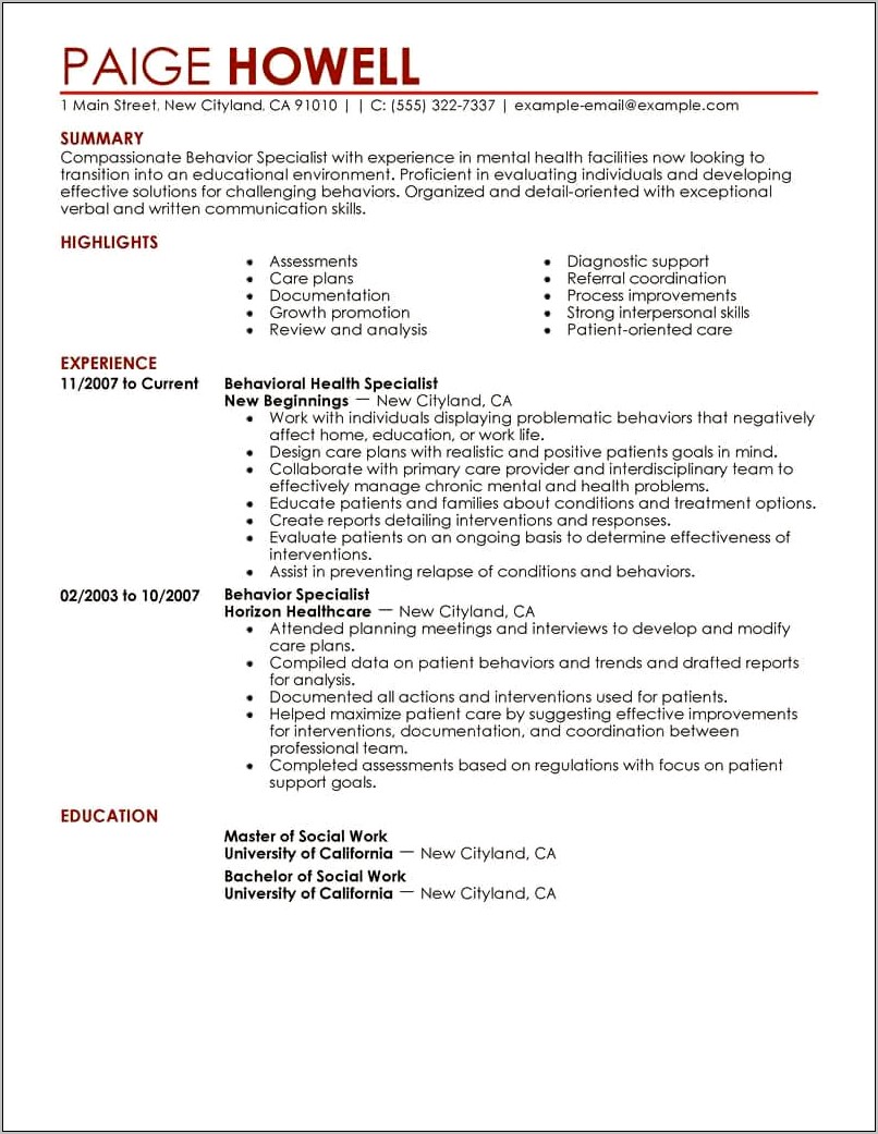 Resume Objective For Entry Level Behavior Therapist