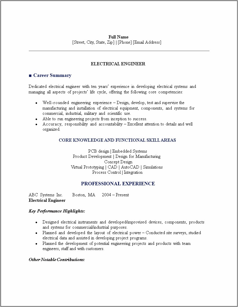 Resume Objective For Experienced Electrical Engineer