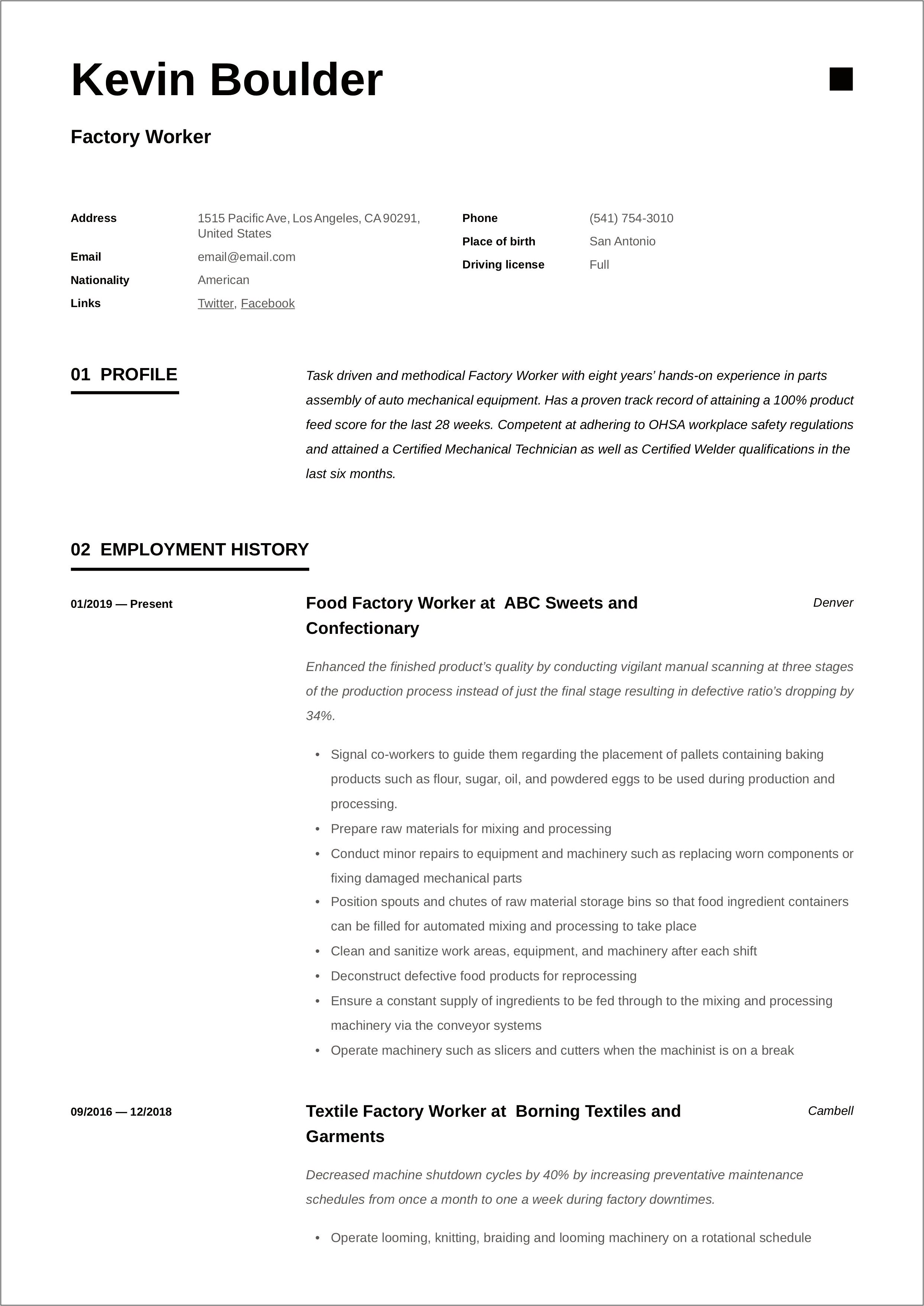 Resume Objective For Factory Worker With Experience