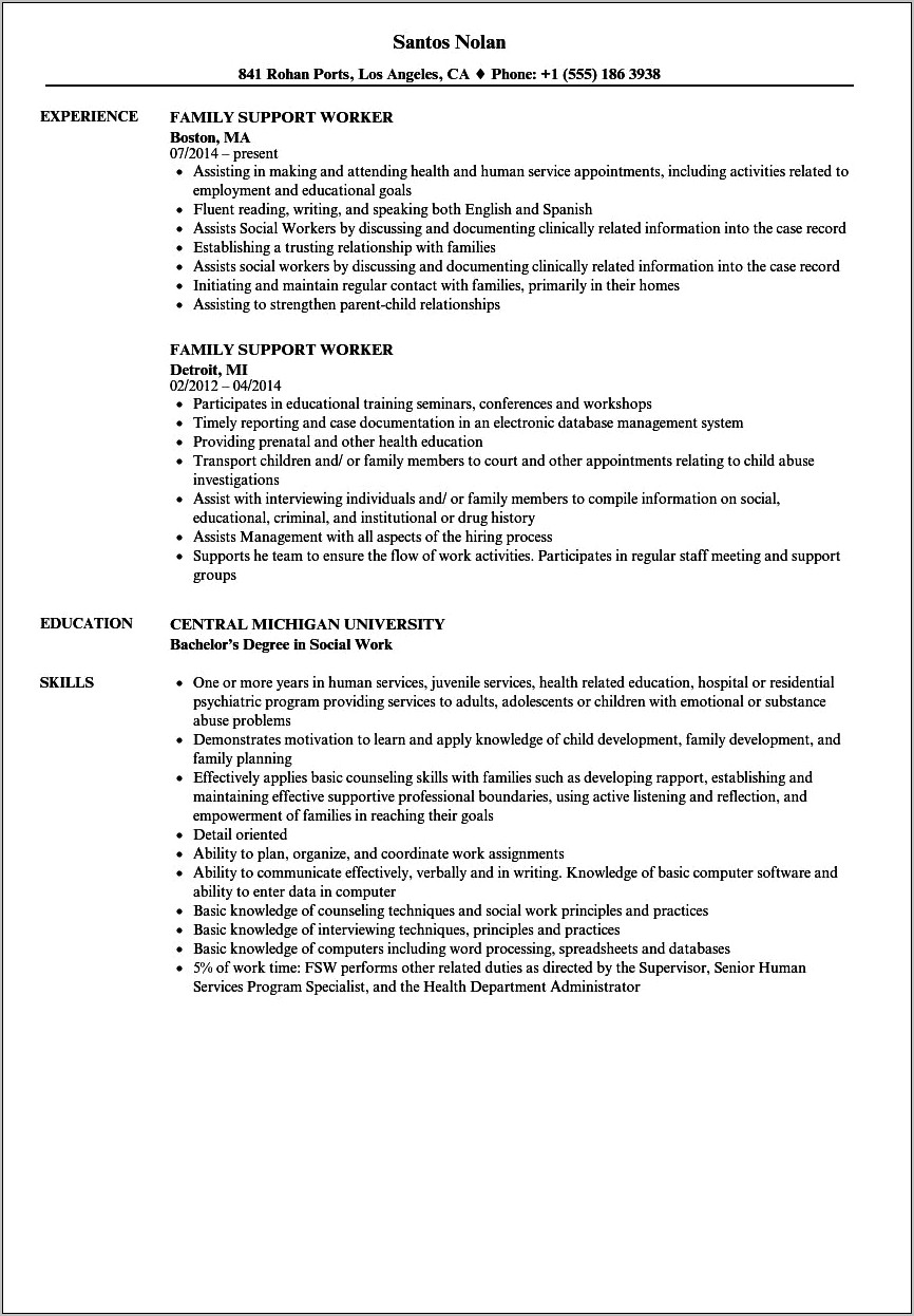 Resume Objective For Family Support Worker
