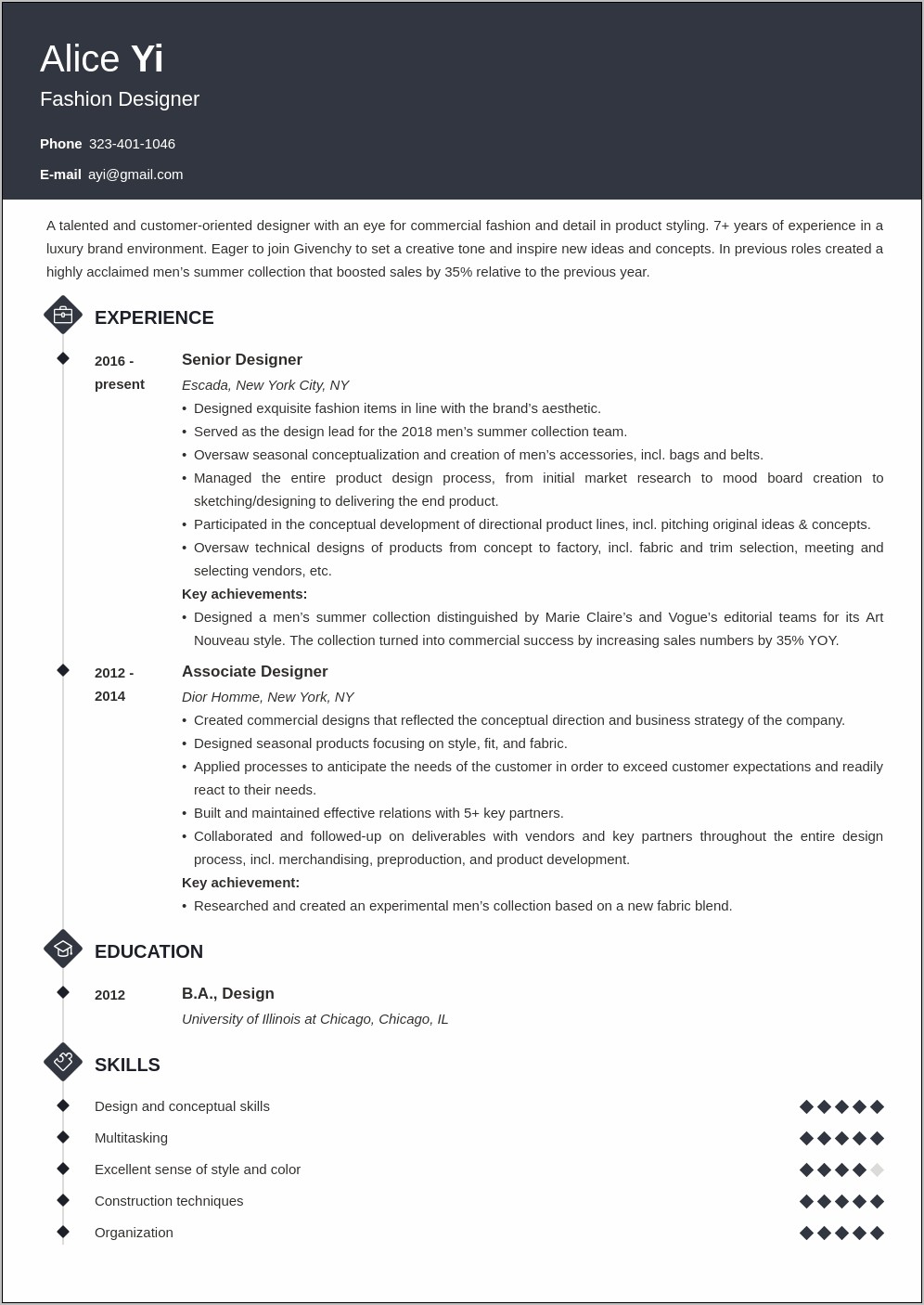 Resume Objective For Fashion Designing Student