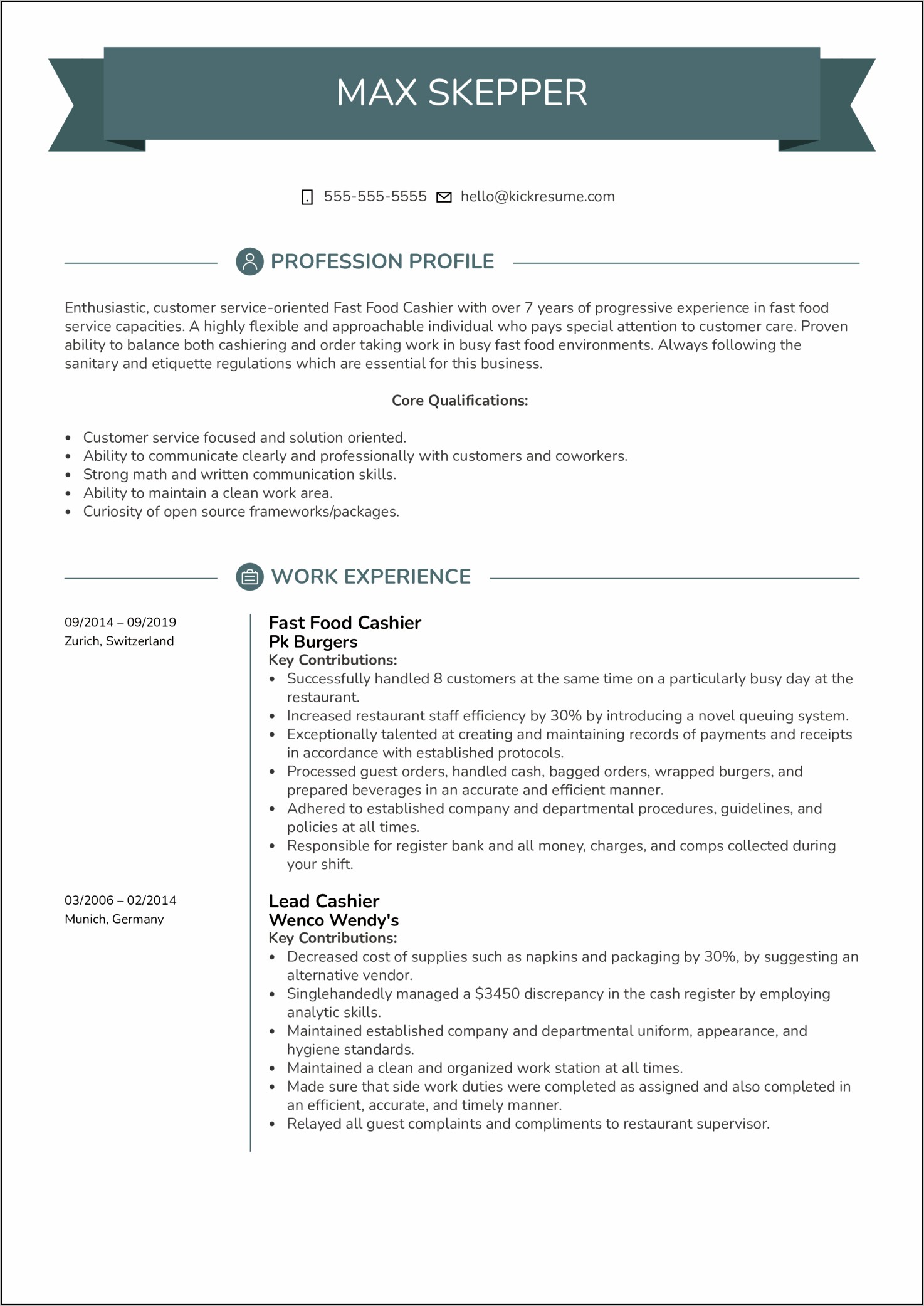 Resume Objective For Fast Food Cashier