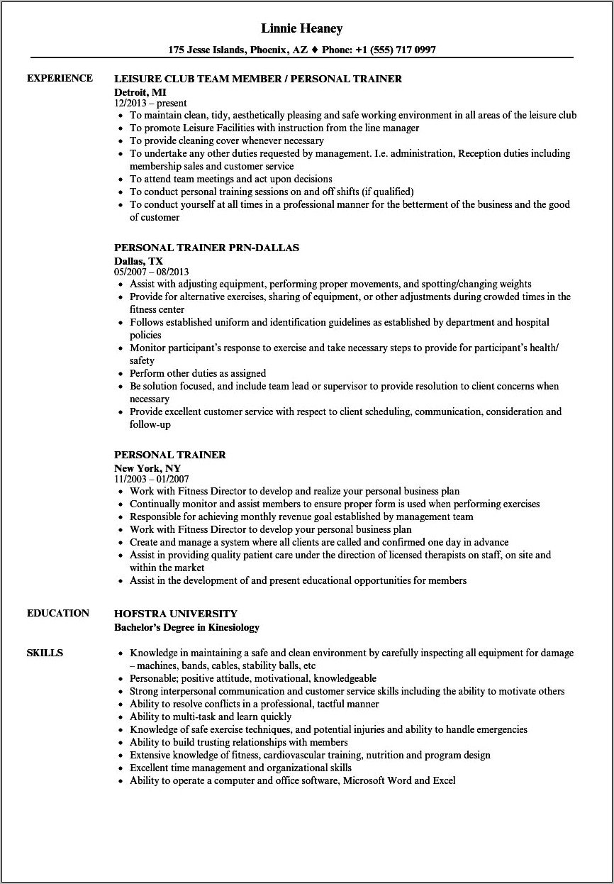 Resume Objective For Fitness Instructor