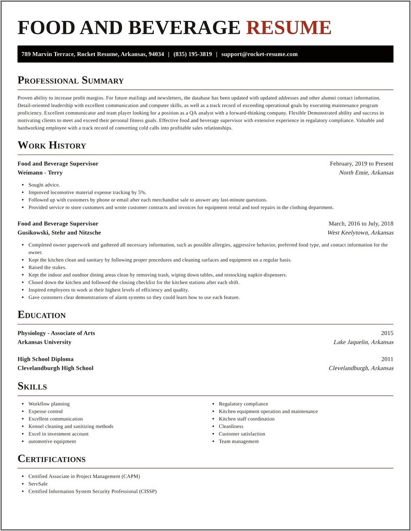 Resume Objective For Food And Beverage Supervisor
