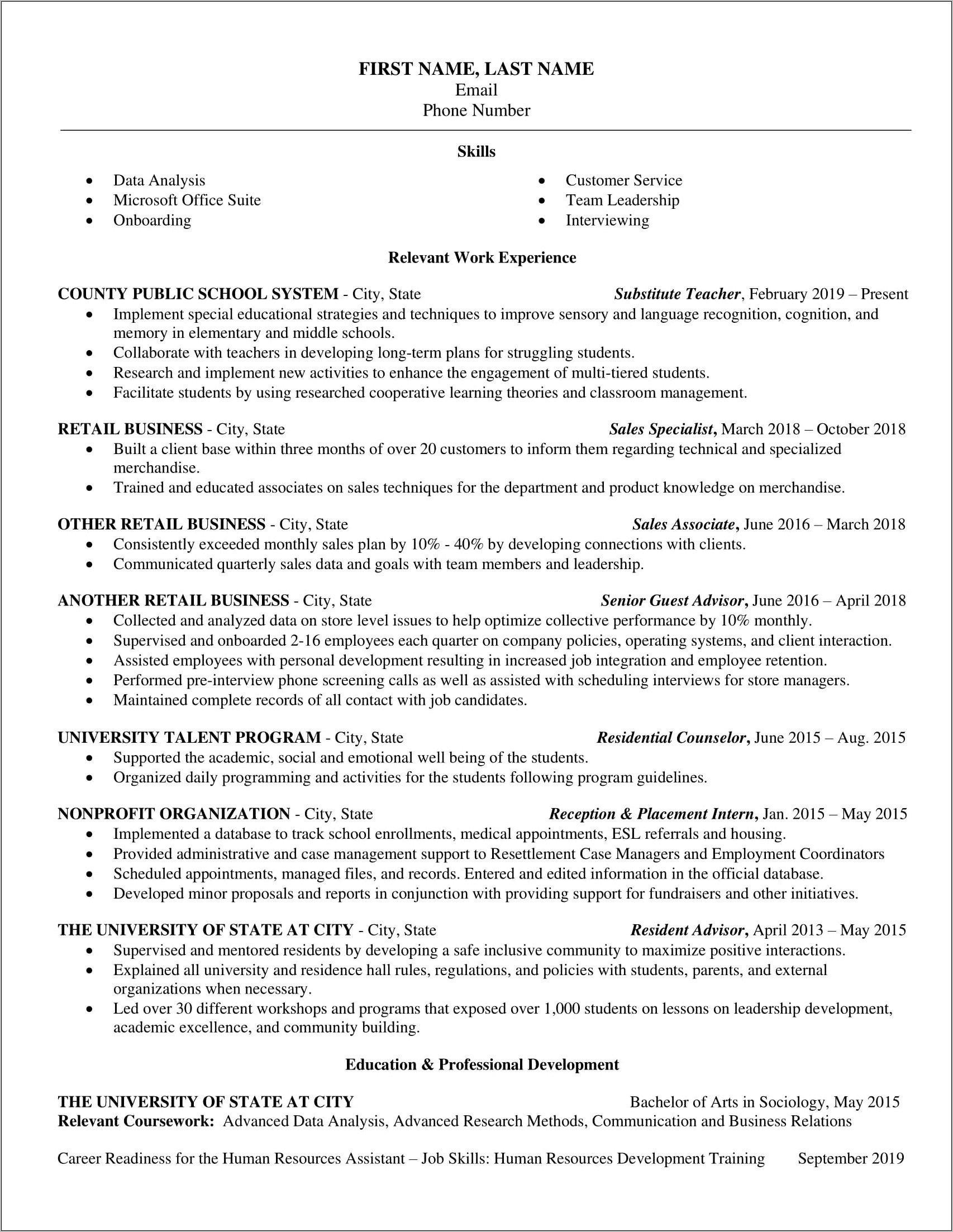 Resume Objective For Hr Position With No Experience