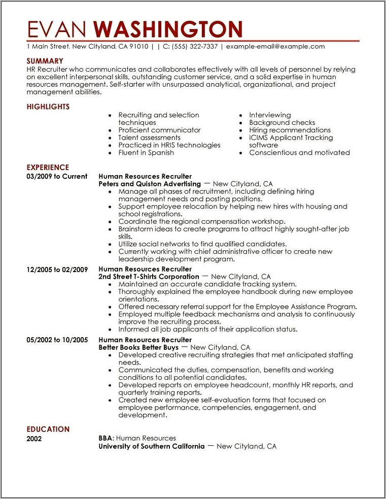 Resume Objective For Human Resources Internship