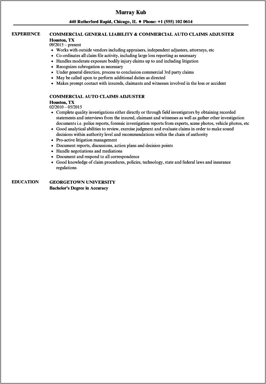 Resume Objective For Insurance Claims Adjuster