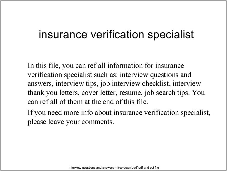 Resume Objective For Insurance Verification Specialist
