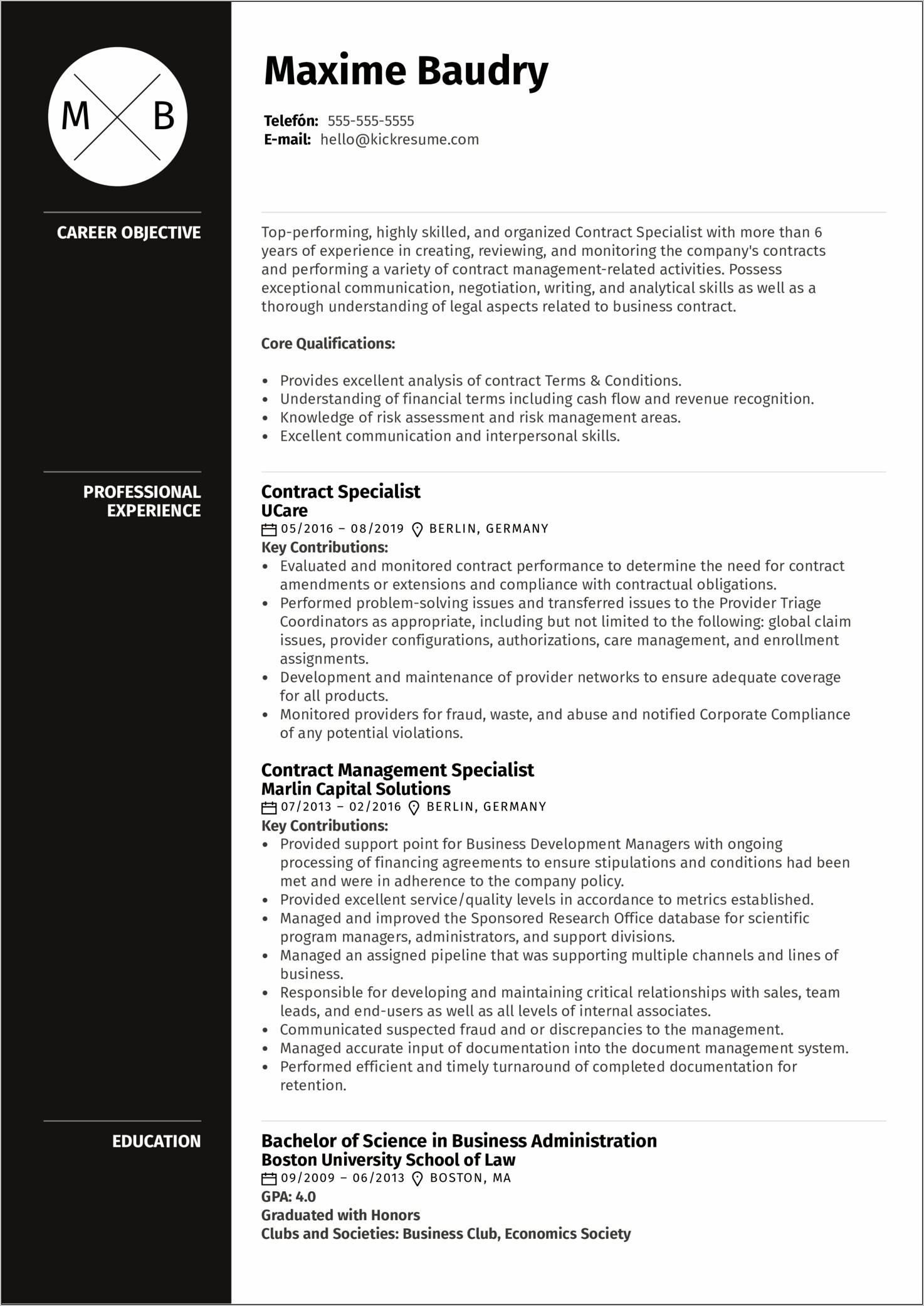 Resume Objective For Legal Contracts Specialist