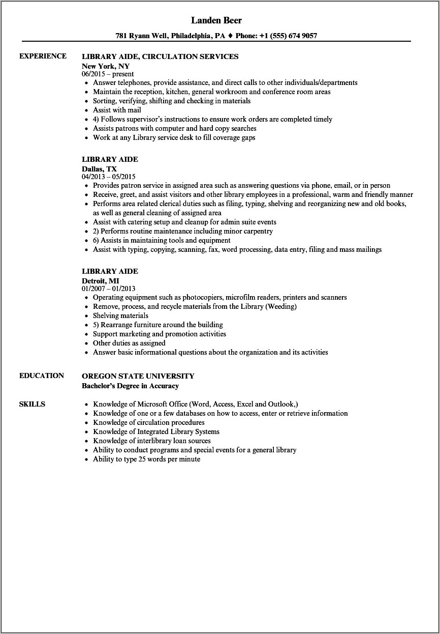 Resume Objective For Library Assistant With No Experience