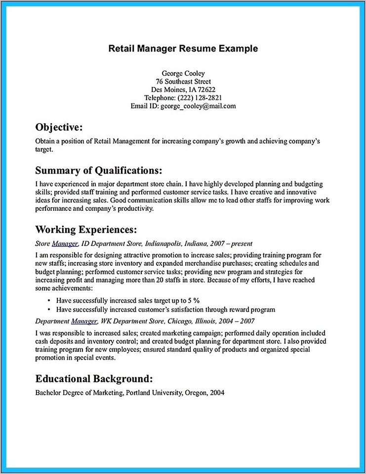 Resume Objective For Manager Of Retail