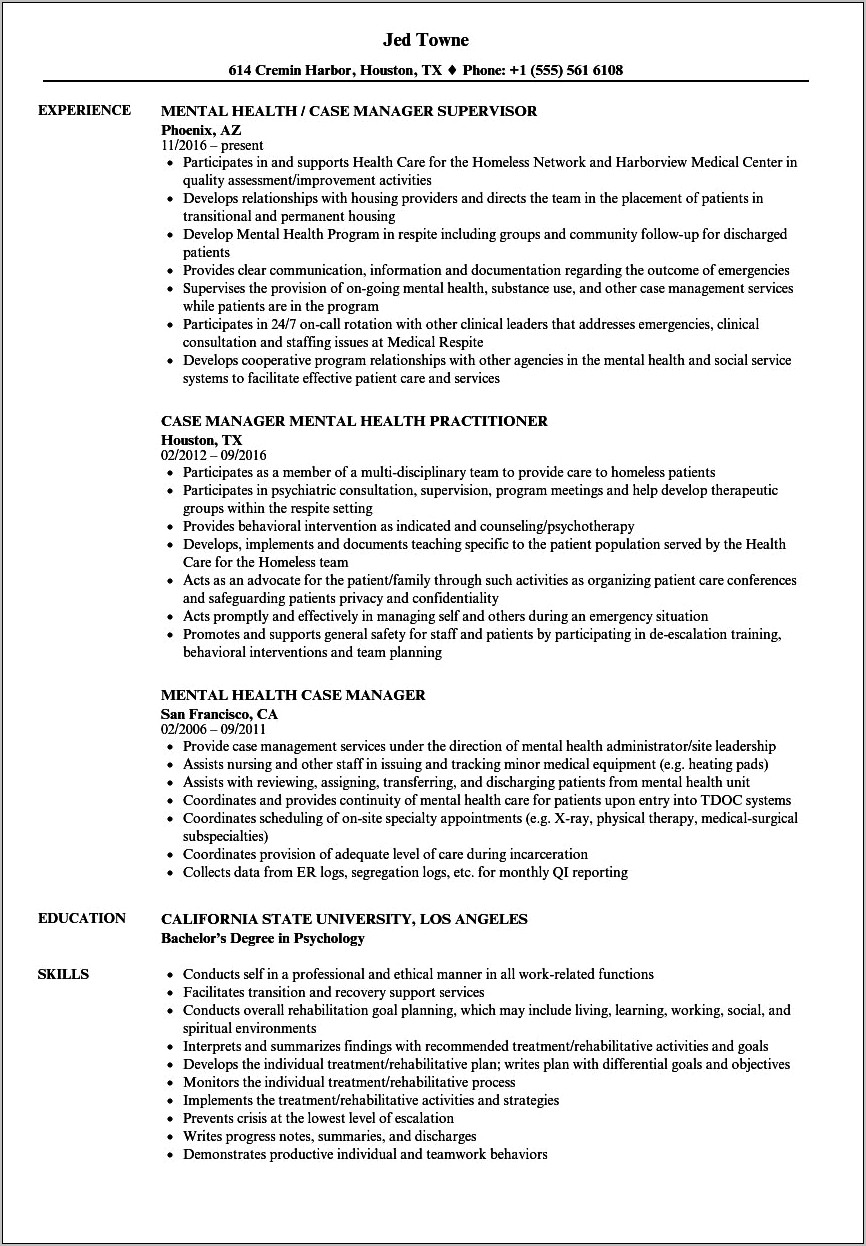 Resume Objective For Mental Health Case Manager