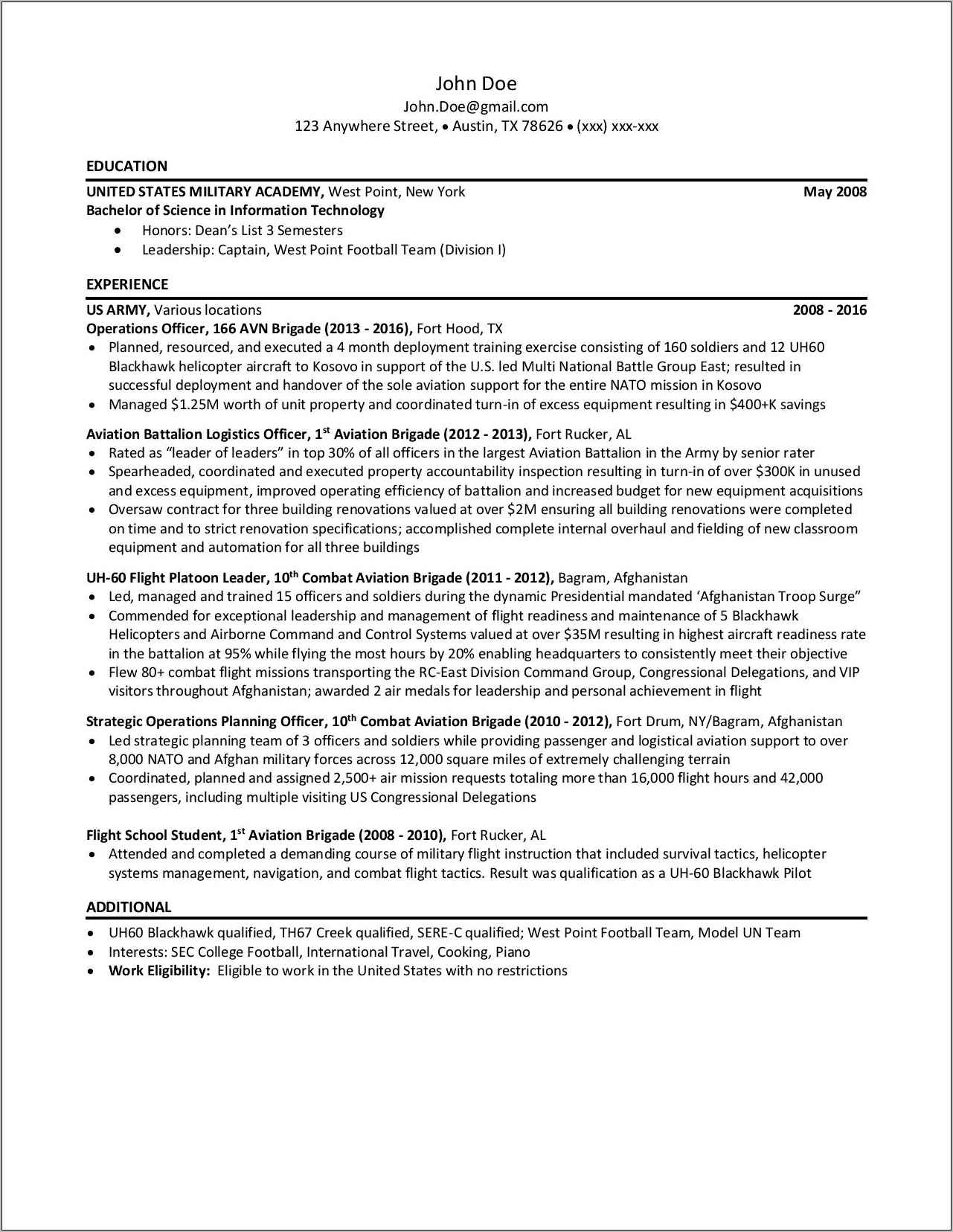 Resume Objective For Military To Civilian