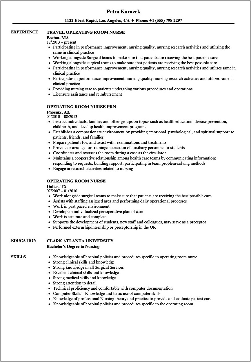 Resume Objective For New Nurse Operating Room