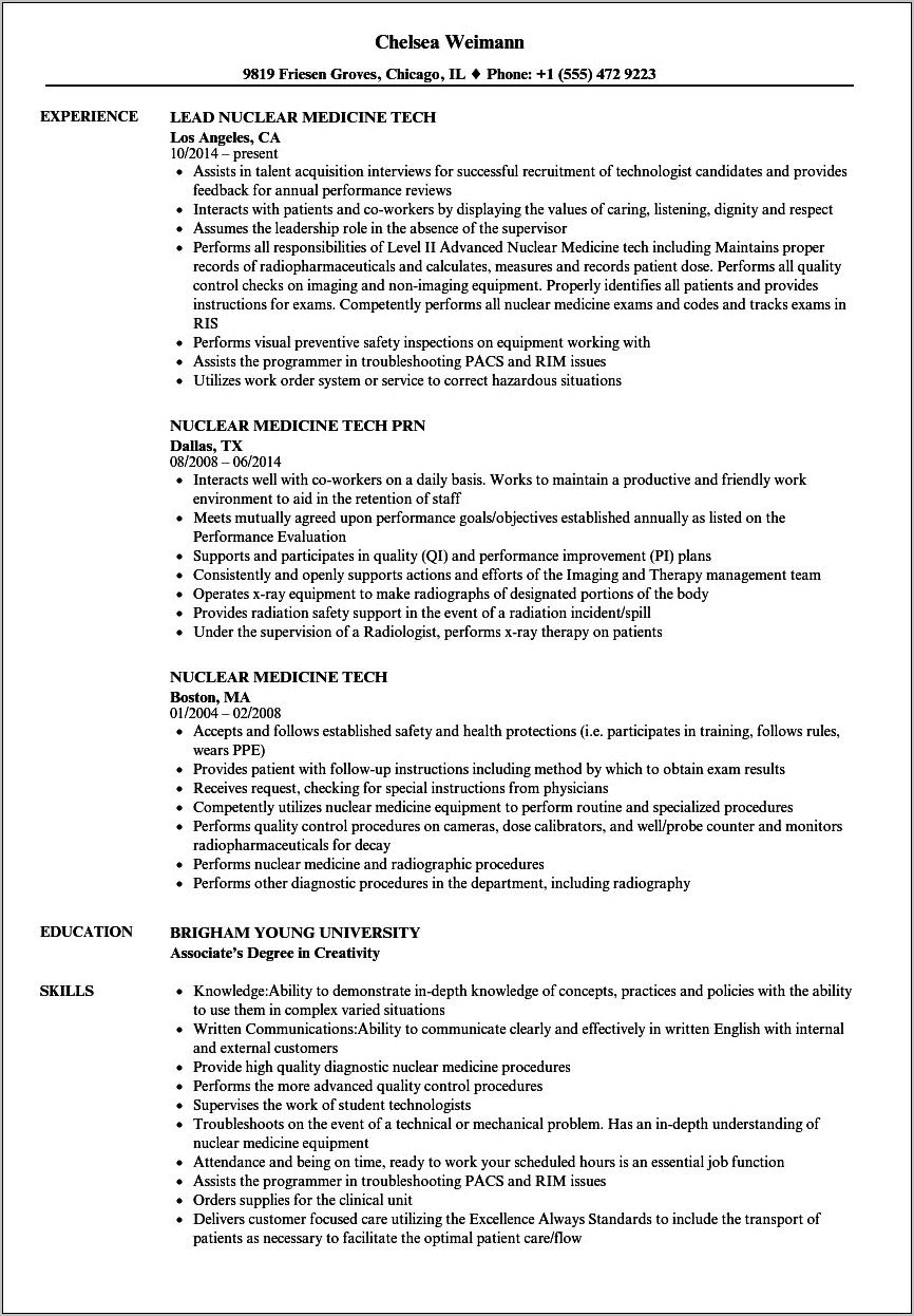 Resume Objective For Nuclear Medicine Technologist