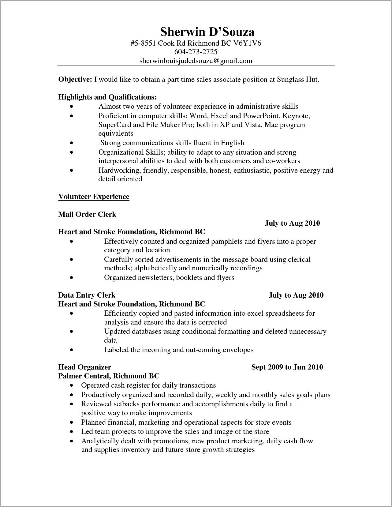 Resume Objective For Part Time Job Student Example