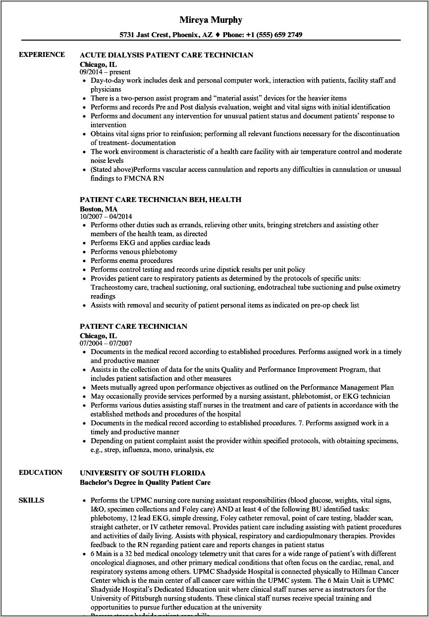 Resume Objective For Patient Care Technician