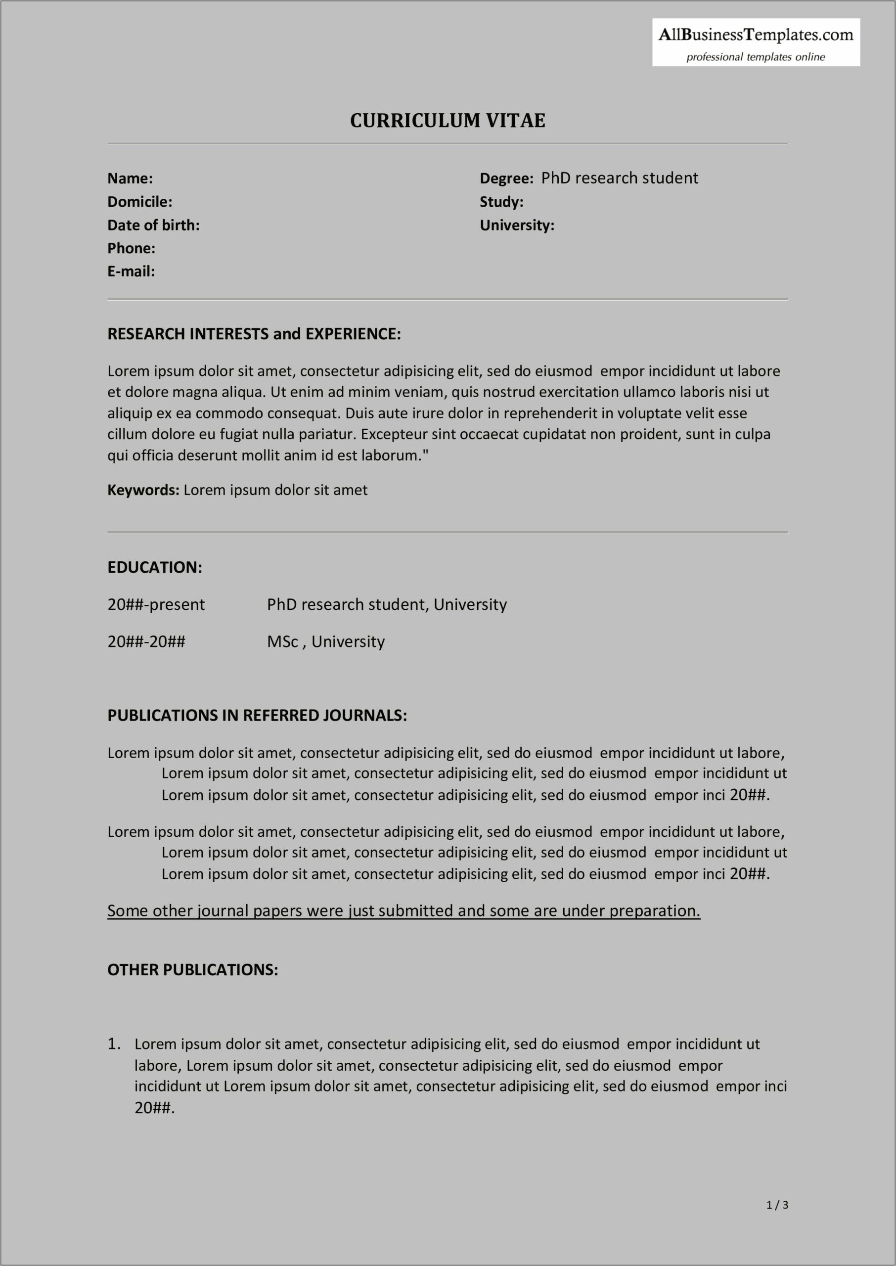 Resume Objective For Phd Application